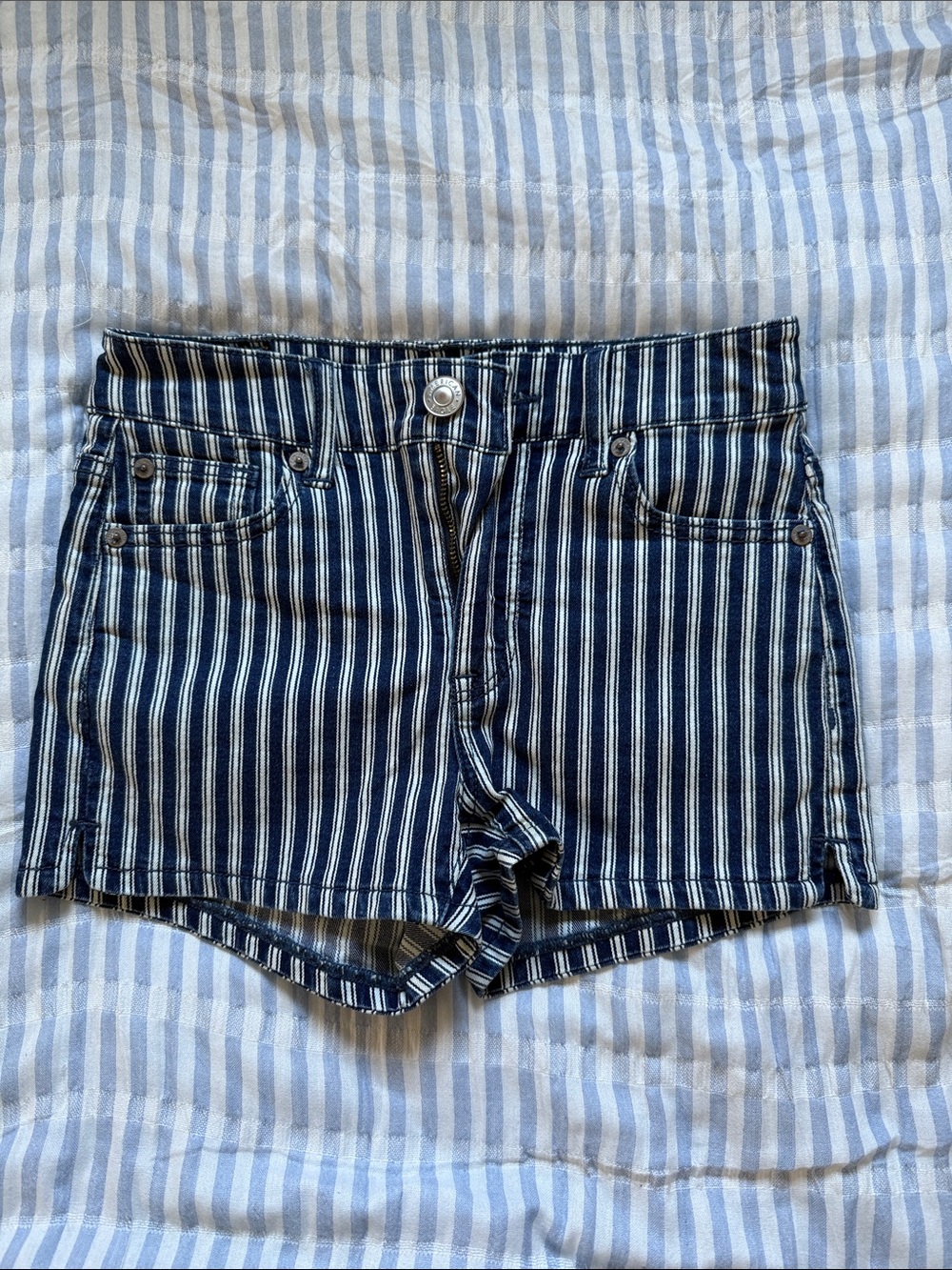 American Eagle Outfitters Navy and White Striped Denim Shorts